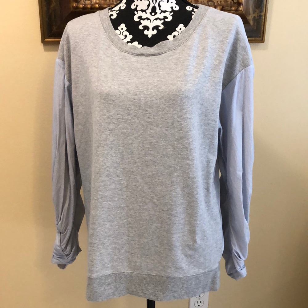 Trouve Mixed Fabric Sweatshirt front, Oxford striped back, shirred details